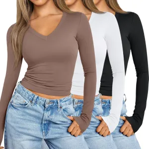 SUNBS Womens 3 Pack Long Sleeve Shirts V Neck Going Out Slim Fit Causal Crop Layering Tops 2025 Fall Fashion Clothes