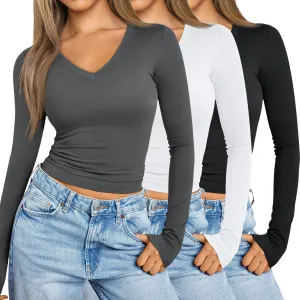SUNBS Womens 3 Pack Long Sleeve Shirts V Neck Going Out Slim Fit Causal Crop Layering Tops 2025 Fall Fashion Clothes
