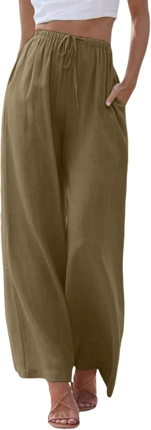 Sweatpants Women Cotton Linen Summer Palazzo Pants Flowy Wide Leg Beach Trousers with Pockets