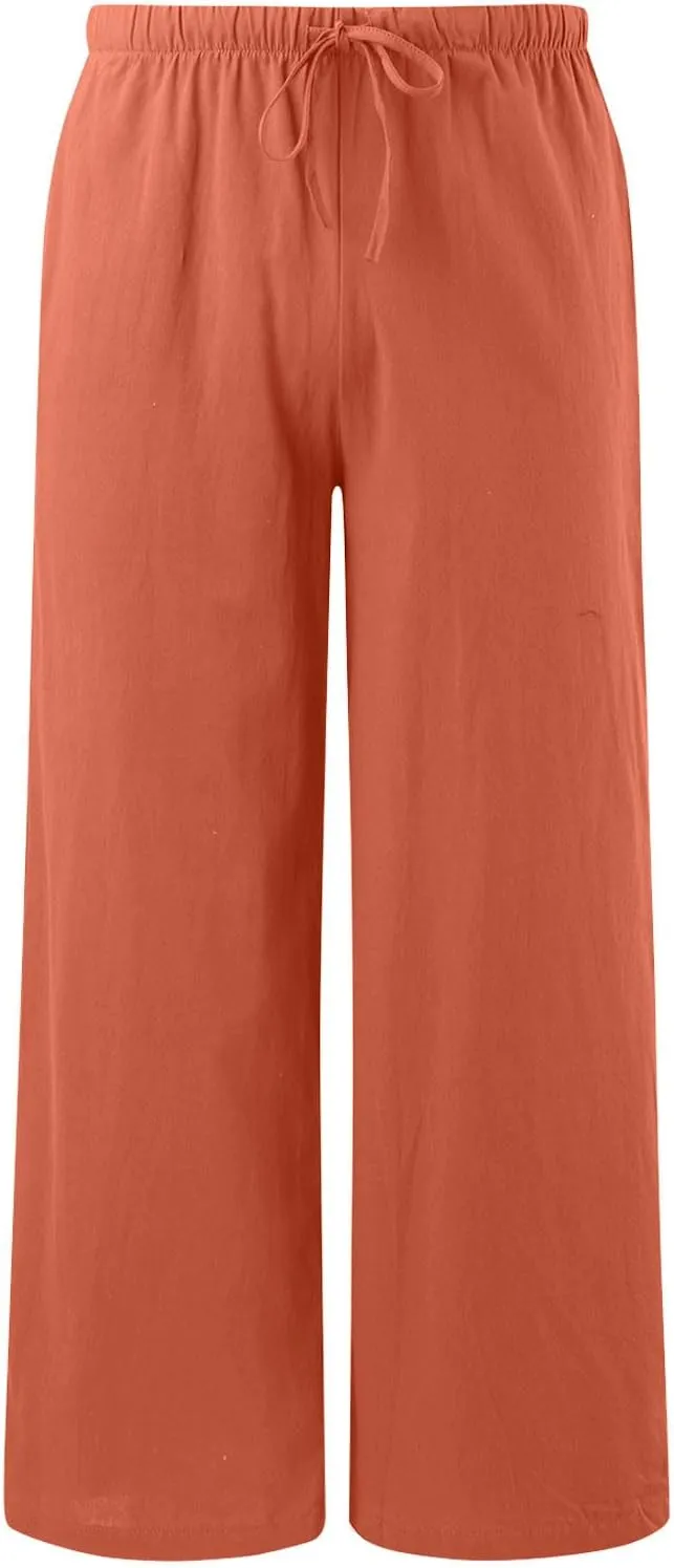 Sweatpants Women Cotton Linen Summer Palazzo Pants Flowy Wide Leg Beach Trousers with Pockets