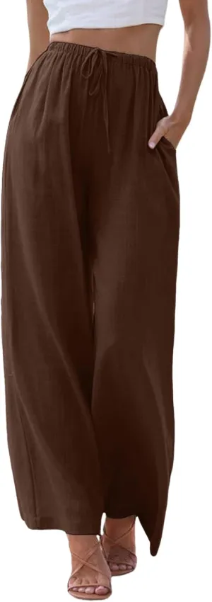 Sweatpants Women Cotton Linen Summer Palazzo Pants Flowy Wide Leg Beach Trousers with Pockets