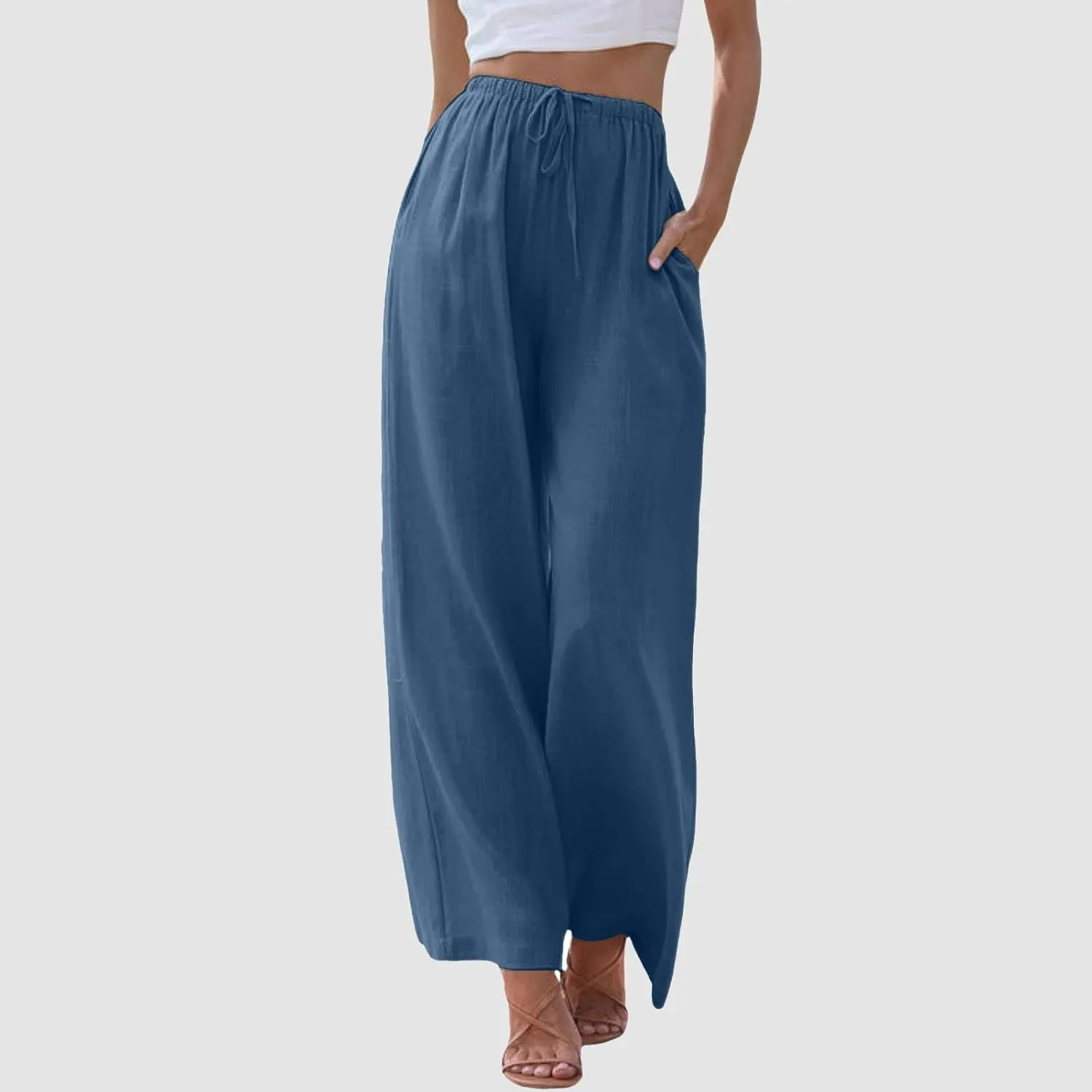 Sweatpants Women Cotton Linen Summer Palazzo Pants Flowy Wide Leg Beach Trousers with Pockets