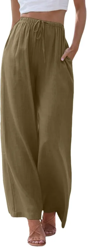Sweatpants Women Cotton Linen Summer Palazzo Pants Flowy Wide Leg Beach Trousers with Pockets