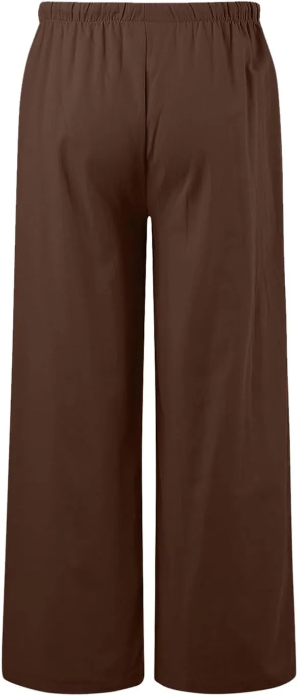 Sweatpants Women Cotton Linen Summer Palazzo Pants Flowy Wide Leg Beach Trousers with Pockets