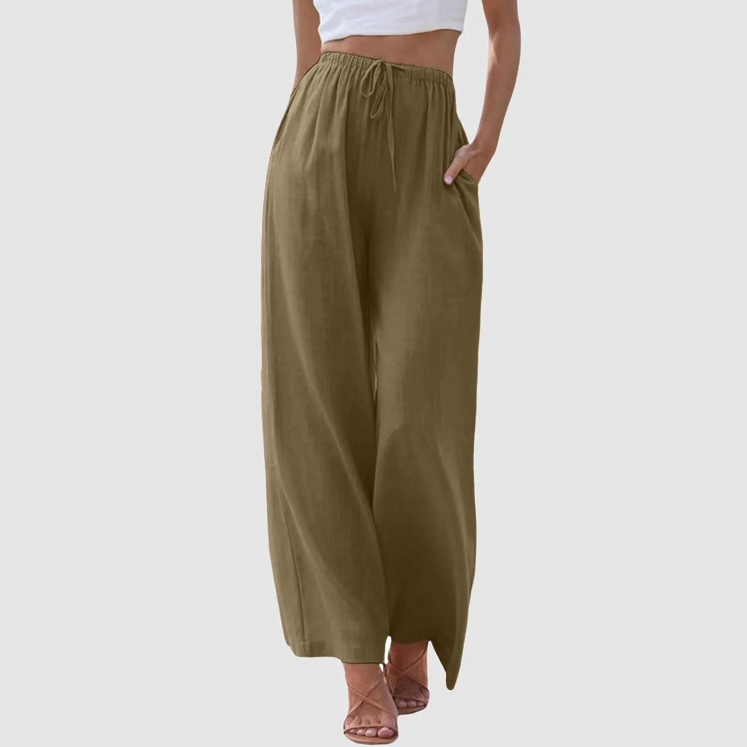 Sweatpants Women Cotton Linen Summer Palazzo Pants Flowy Wide Leg Beach Trousers with Pockets