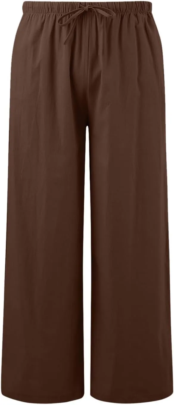 Sweatpants Women Cotton Linen Summer Palazzo Pants Flowy Wide Leg Beach Trousers with Pockets