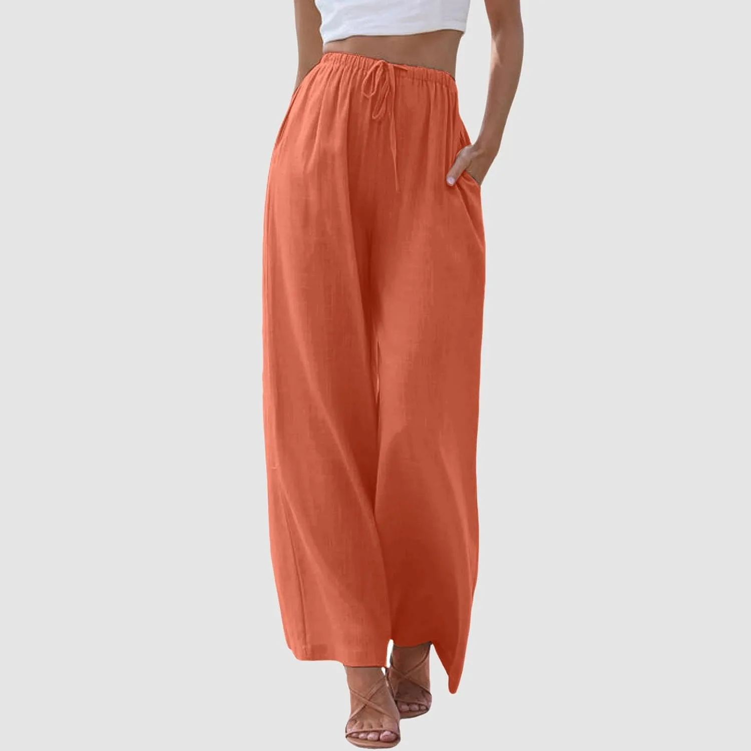 Sweatpants Women Cotton Linen Summer Palazzo Pants Flowy Wide Leg Beach Trousers with Pockets
