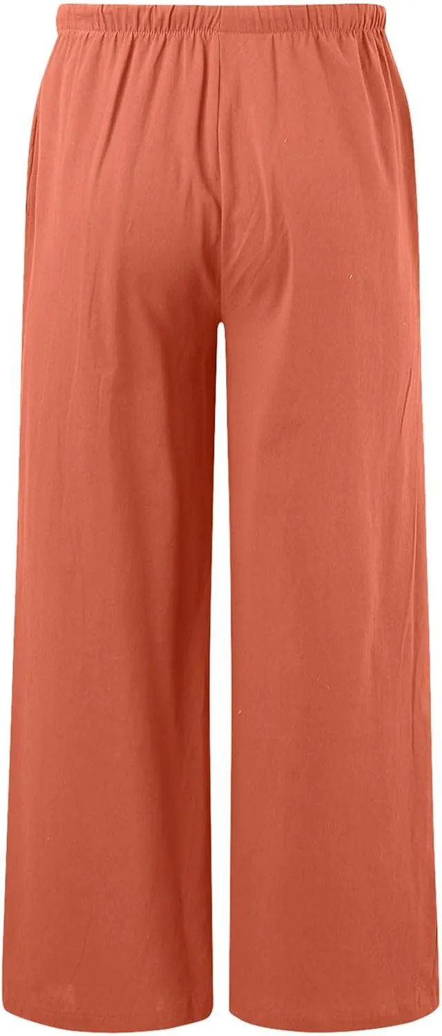 Sweatpants Women Cotton Linen Summer Palazzo Pants Flowy Wide Leg Beach Trousers with Pockets