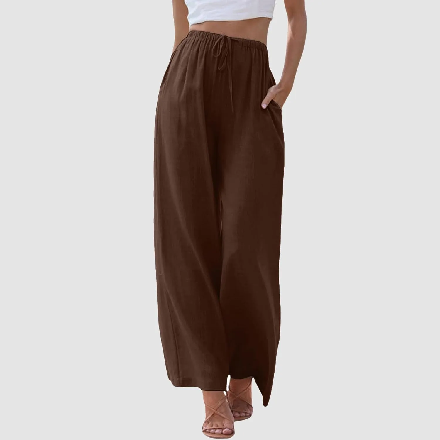 Sweatpants Women Cotton Linen Summer Palazzo Pants Flowy Wide Leg Beach Trousers with Pockets