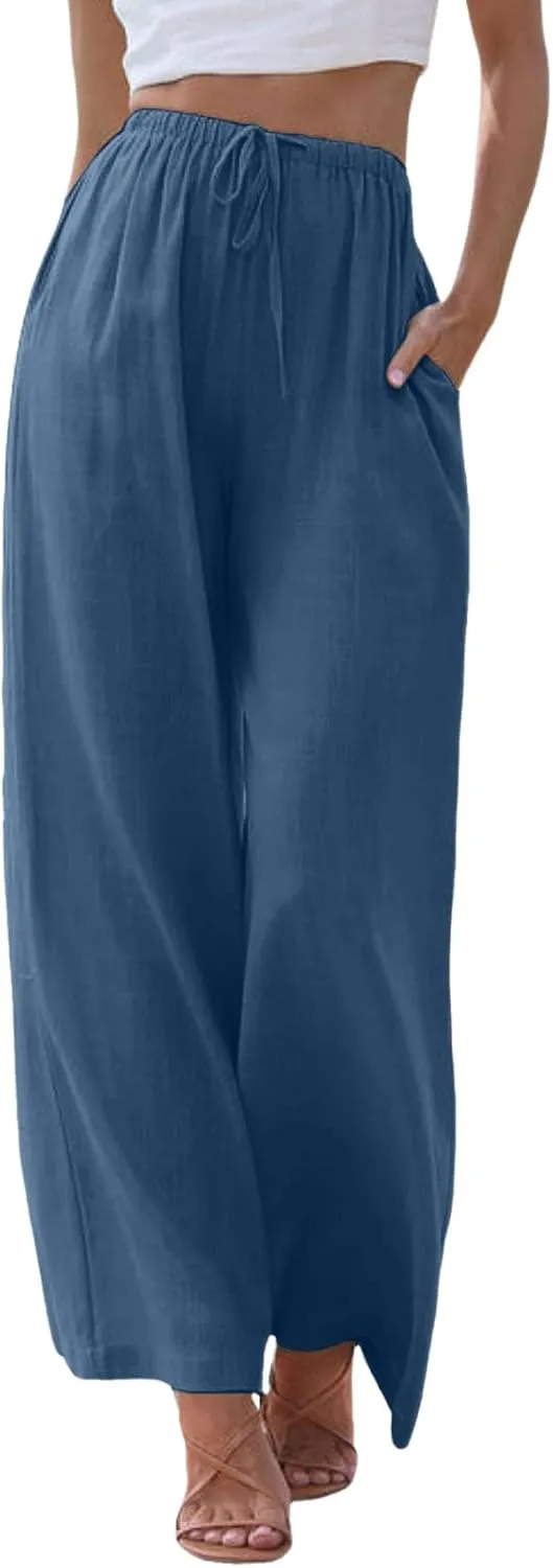 Sweatpants Women Cotton Linen Summer Palazzo Pants Flowy Wide Leg Beach Trousers with Pockets