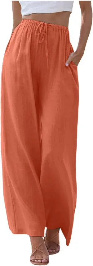 Sweatpants Women Cotton Linen Summer Palazzo Pants Flowy Wide Leg Beach Trousers with Pockets