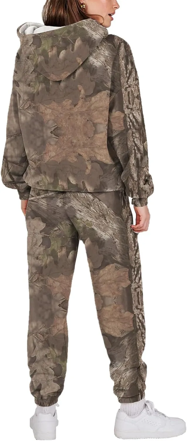 Sweatsuits for Women Set 2 Piece Camo Hoodie Long Sleeve Crewneck Camo Sweatshirt Wide Leg Sweatpants Fall Outfits