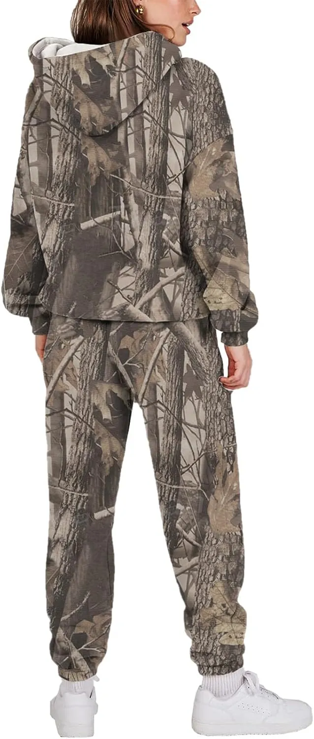 Sweatsuits for Women Set 2 Piece Camo Hoodie Long Sleeve Crewneck Camo Sweatshirt Wide Leg Sweatpants Fall Outfits