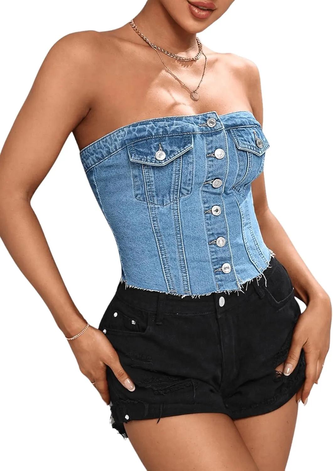 SweatyRocks Women's Button Up Strapless Denim Crop Top Y2k Jean Tube Tops
