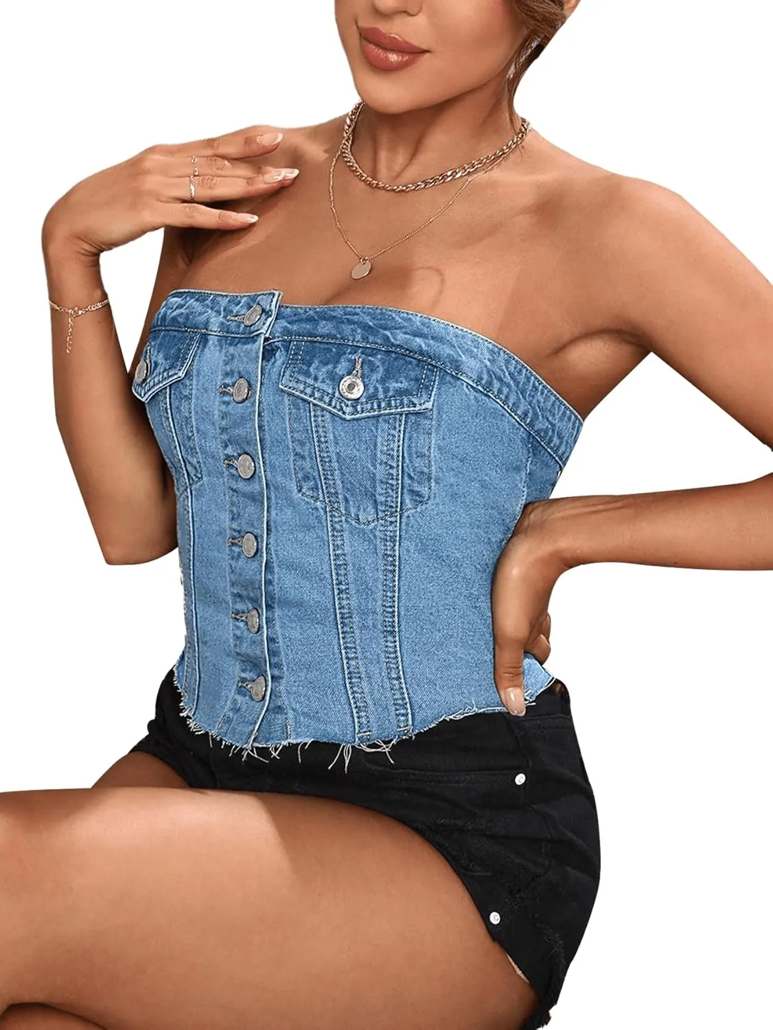 SweatyRocks Women's Button Up Strapless Denim Crop Top Y2k Jean Tube Tops
