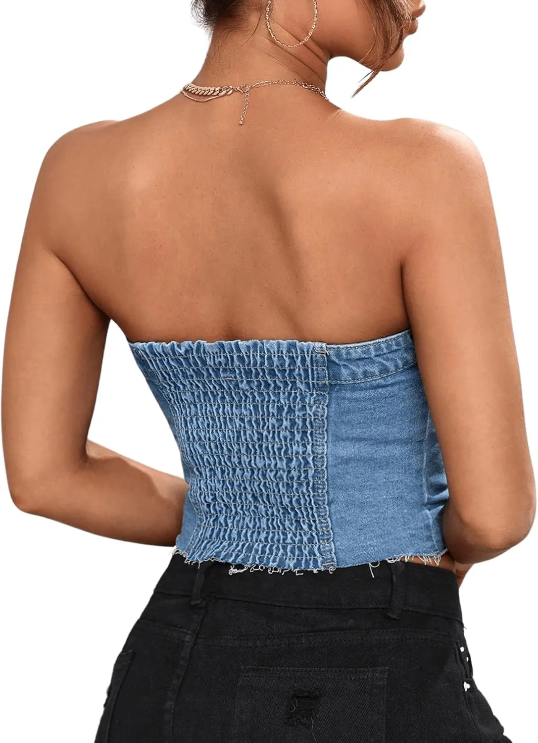 SweatyRocks Women's Button Up Strapless Denim Crop Top Y2k Jean Tube Tops