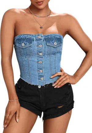 SweatyRocks Women's Button Up Strapless Denim Crop Top Y2k Jean Tube Tops
