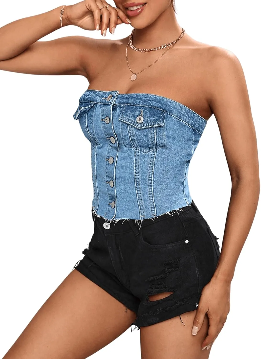 SweatyRocks Women's Button Up Strapless Denim Crop Top Y2k Jean Tube Tops
