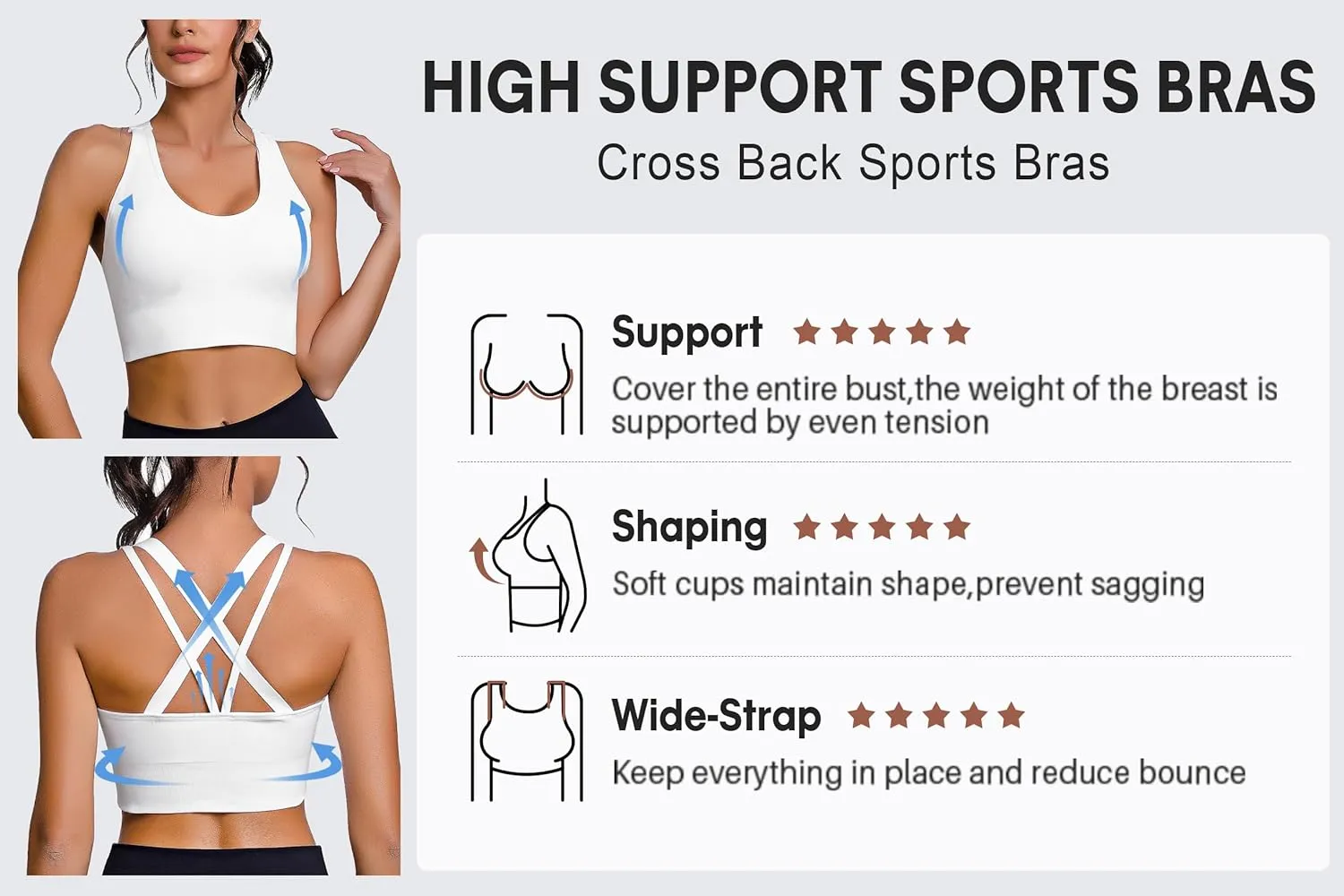 Sykooria Women's 3 Pack High Support Sports Bras Strappy Cross Back Padded Wokout Running Yoga Gym Bra