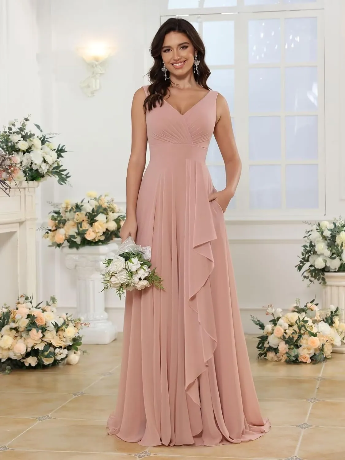 SYYS Double V Neck Bridesmaid Dress Long 2024 Flowy Chiffon Wedding Guest Dresses with Pockets SYYS411