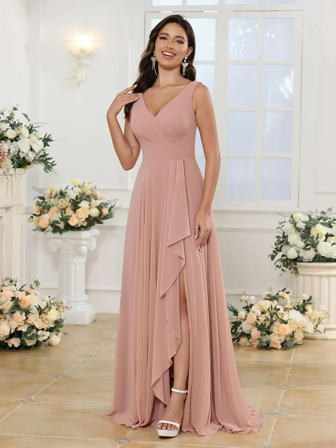 SYYS Double V Neck Bridesmaid Dress Long 2024 Flowy Chiffon Wedding Guest Dresses with Pockets SYYS411