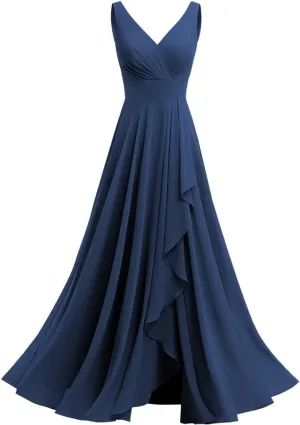 SYYS Double V Neck Bridesmaid Dress Long 2024 Flowy Chiffon Wedding Guest Dresses with Pockets SYYS411