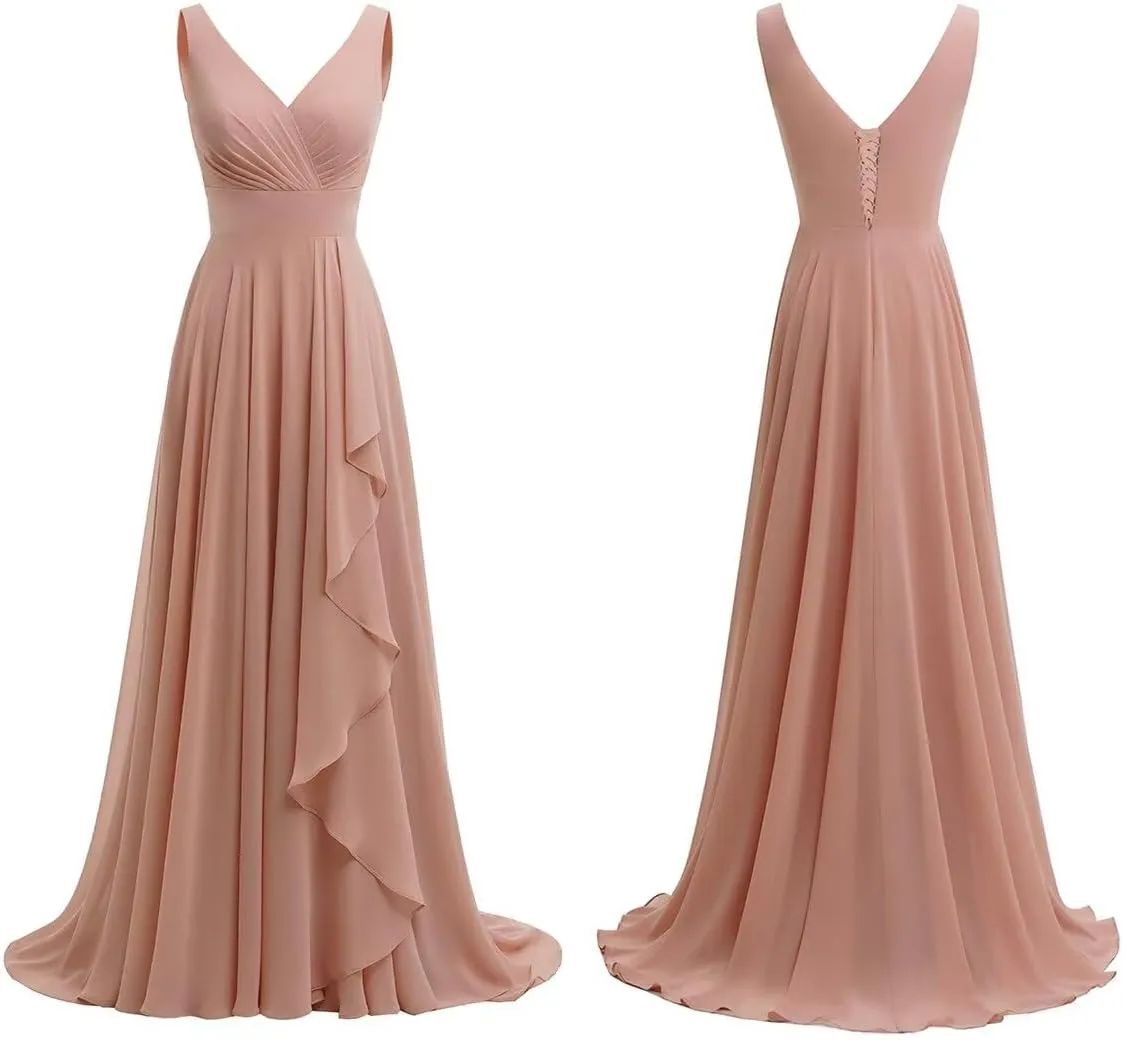 SYYS Double V Neck Bridesmaid Dress Long 2024 Flowy Chiffon Wedding Guest Dresses with Pockets SYYS411