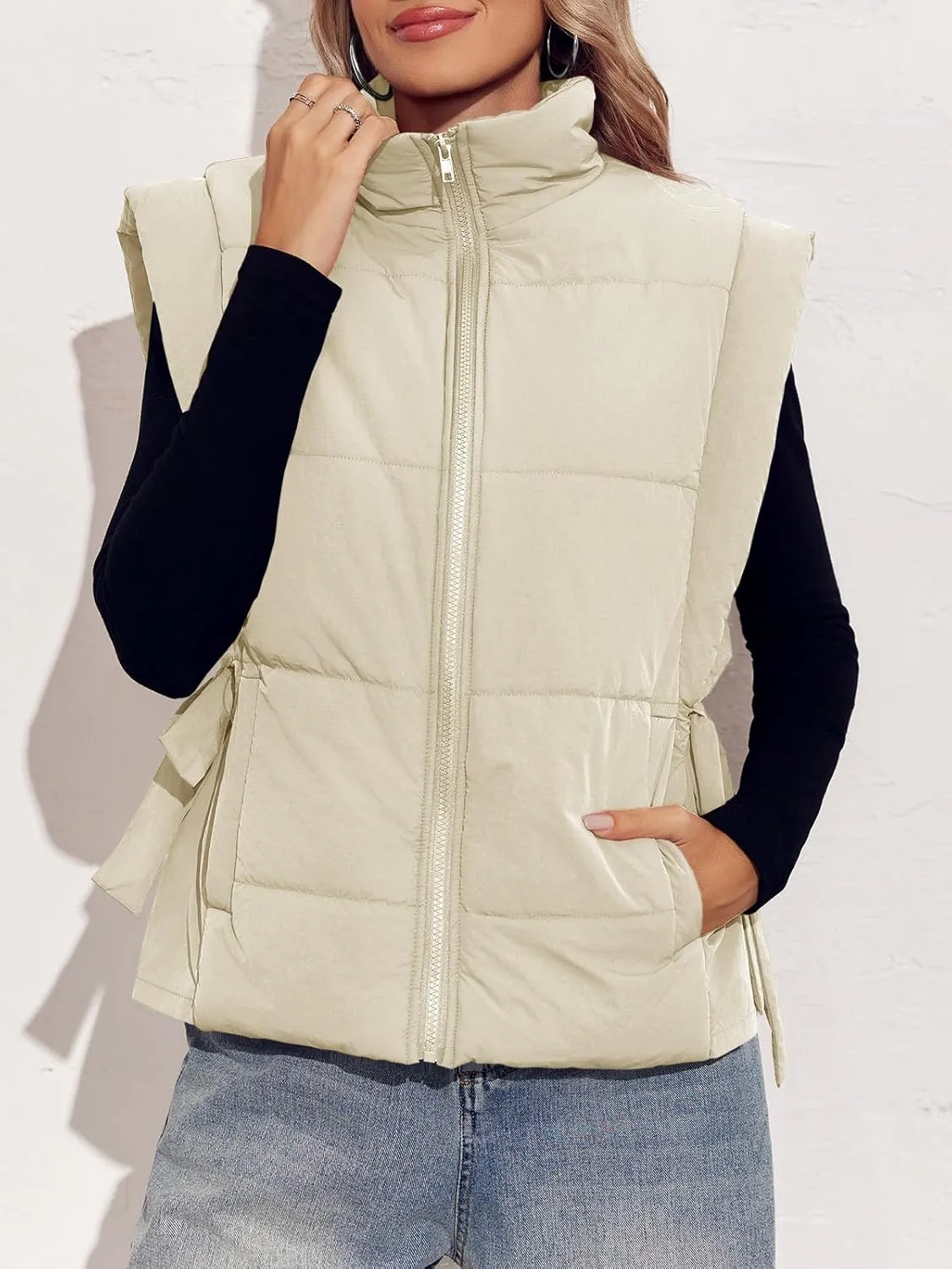 Tankaneo Womens Cropped Puffer Vest Cap Sleeve Zip Up Lightweight Padded Puffy Warm Coat