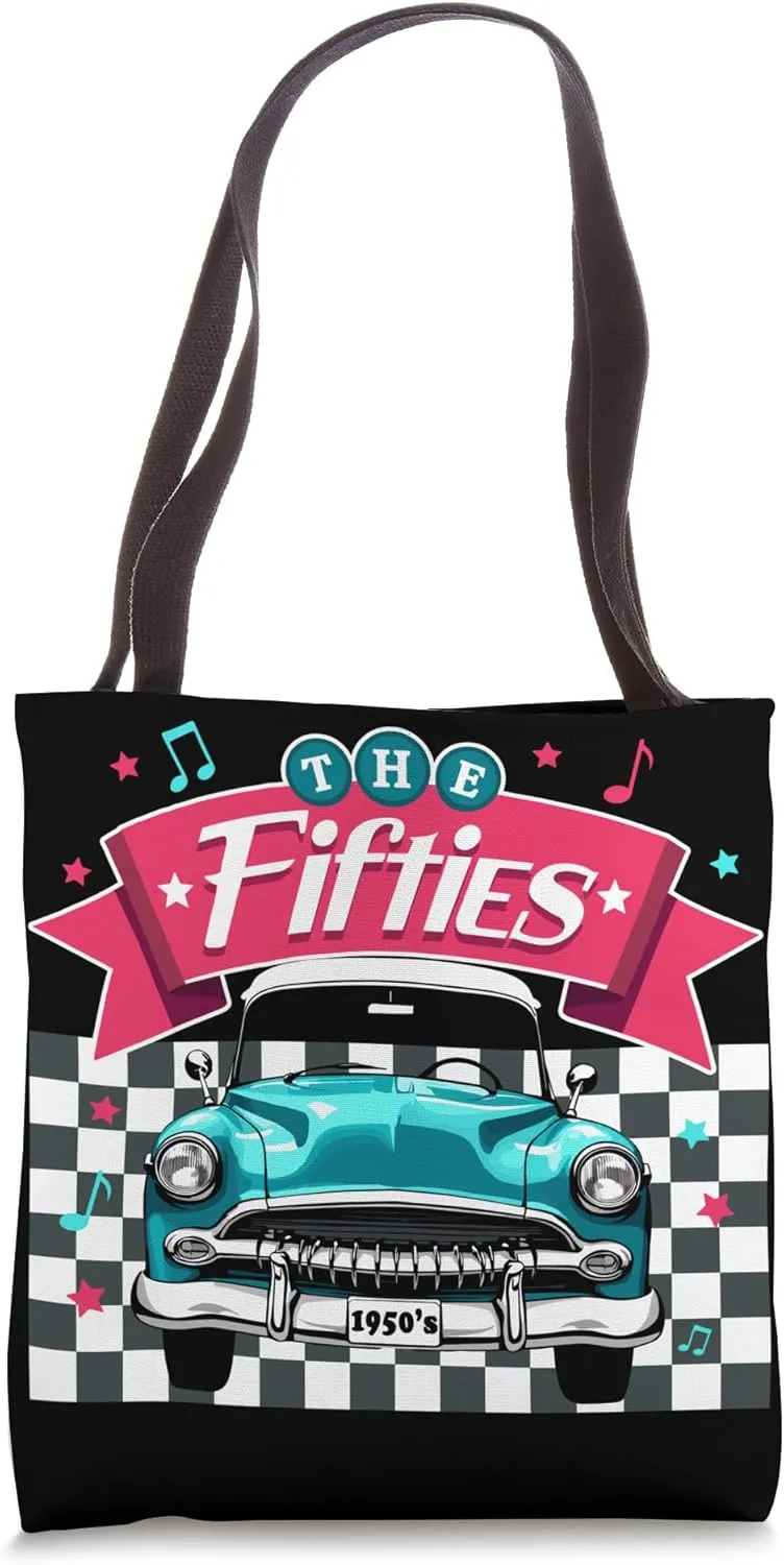 The Fifties 1950s Car Music Checkerboard Rockabilly Sock Hop Tote Bag