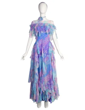 Ulla Darni of Denmark Vintage 1970s Pastel Watercolor Scalloped Layered Jersey Chiffon Dress