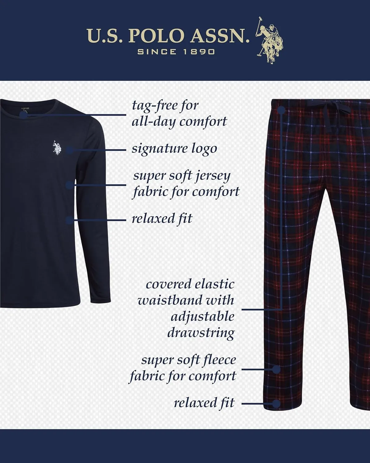 U.S. Polo Assn. Men's Pajama Set - 2 Piece Long Sleeve T-Shirt and Fleece Lounge Pants, Gift Box