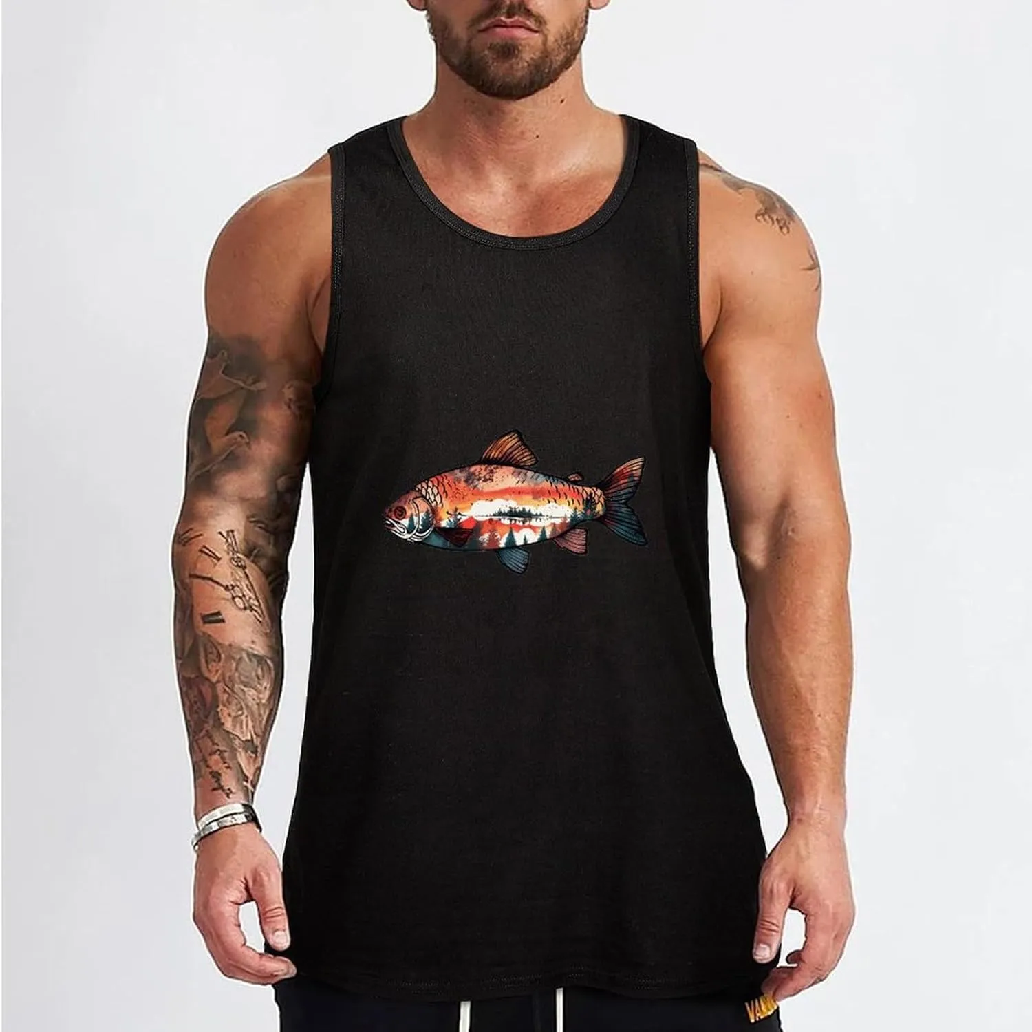 Widlife Forests Sunrise Fish Mens Tank Top Cotton Undershirt Crewneck Sleeveless Shirt for Summer