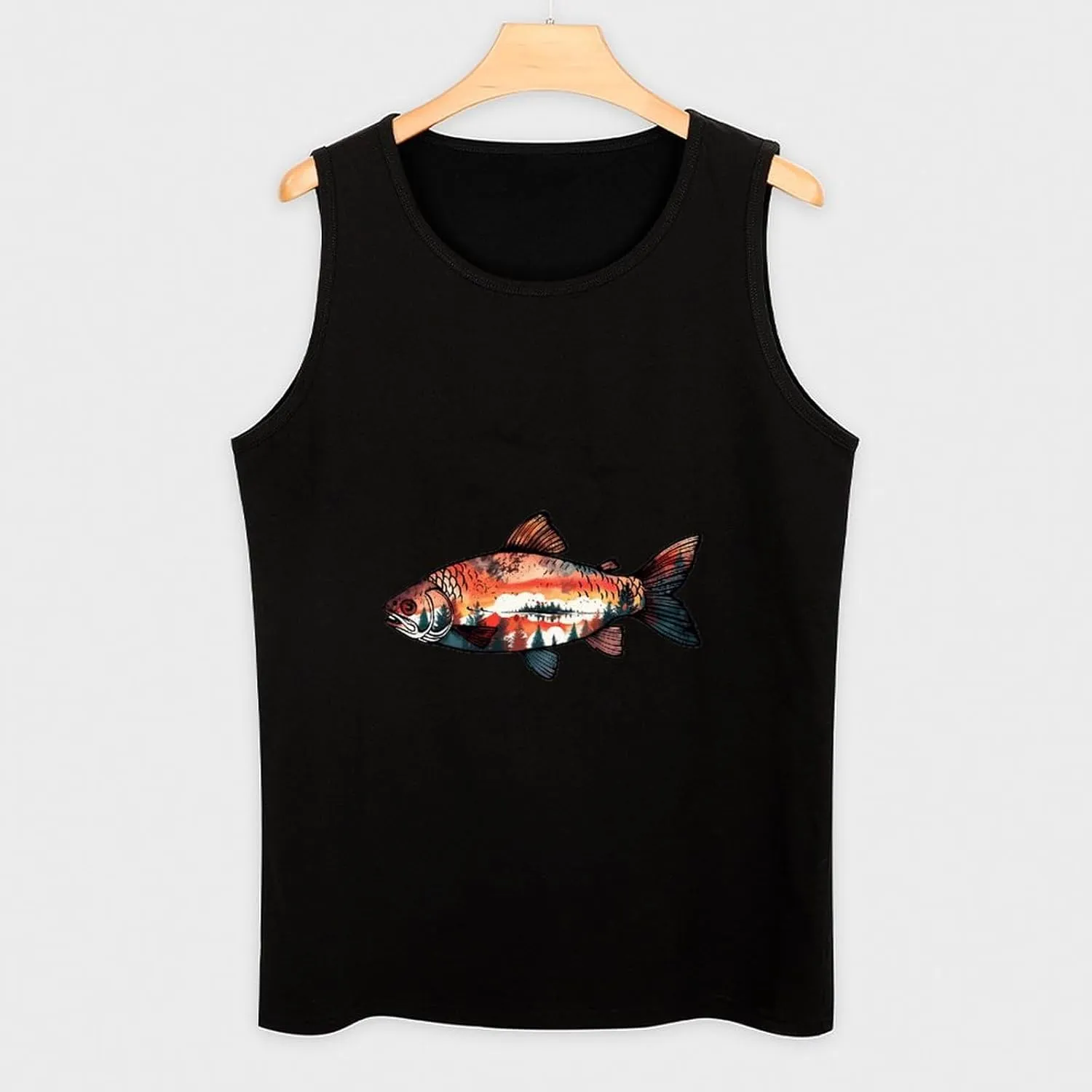 Widlife Forests Sunrise Fish Mens Tank Top Cotton Undershirt Crewneck Sleeveless Shirt for Summer