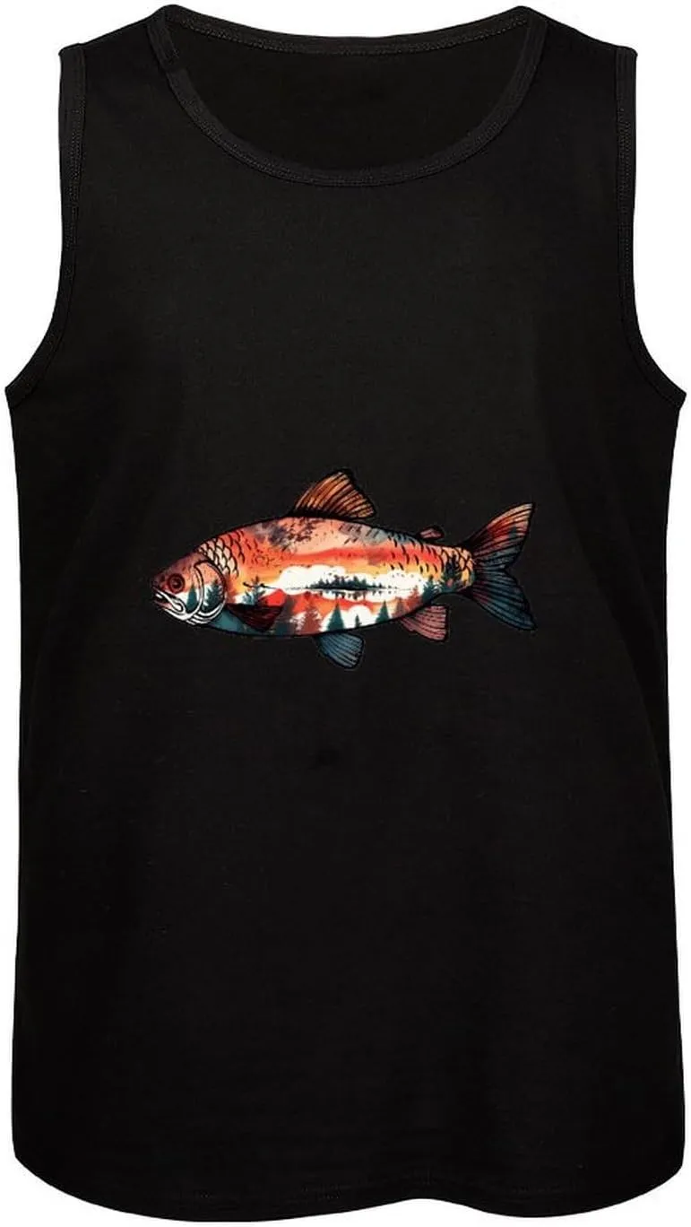 Widlife Forests Sunrise Fish Mens Tank Top Cotton Undershirt Crewneck Sleeveless Shirt for Summer