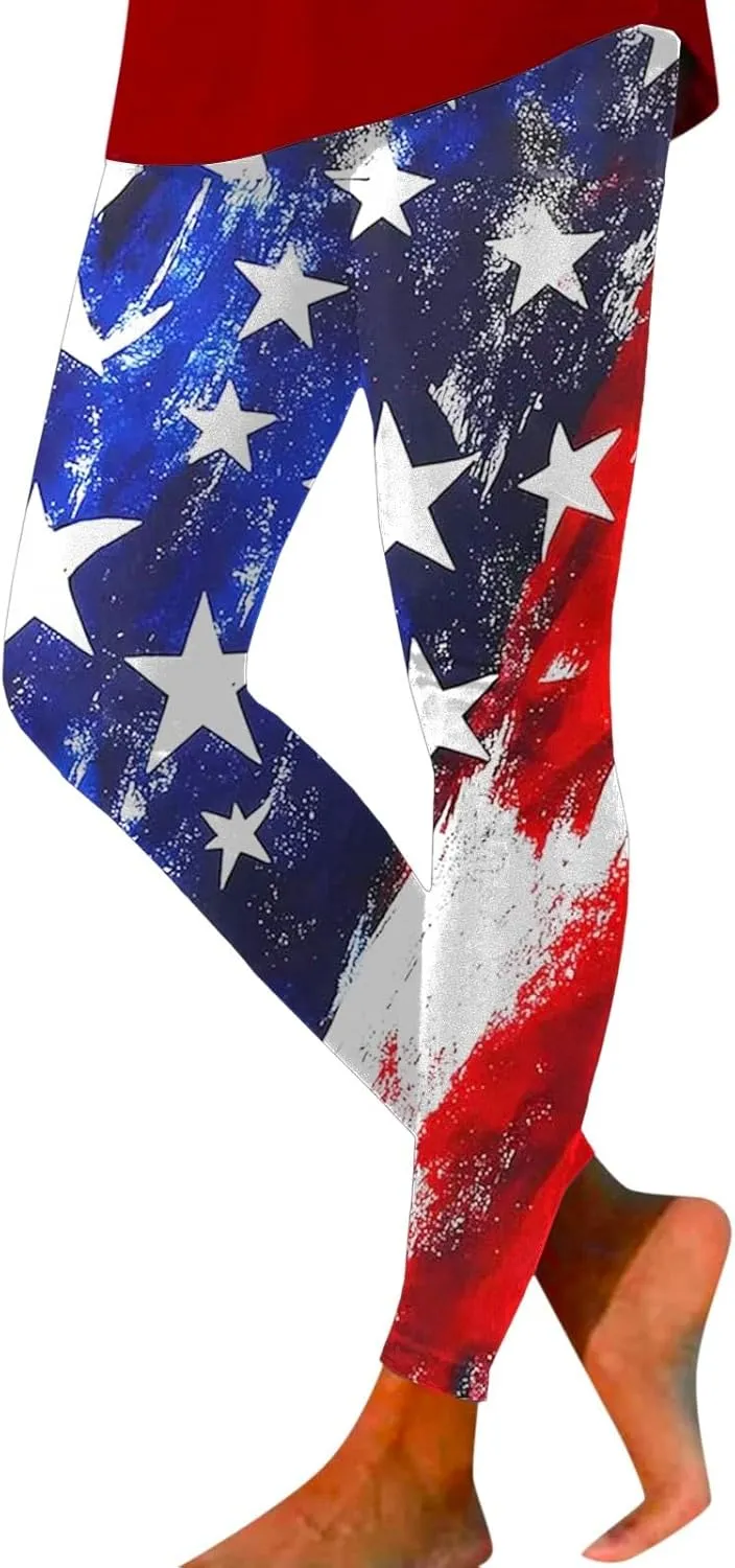 Women High Waist American Flag Leggings Seamless US Flag Patriotic Tights Slim Fit Running Sports Yoga Pants