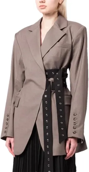 Women Patchwork Belts Blazers for Women Notched Collar Long Sleeve Hit Color Casual Temperament Blazer Female