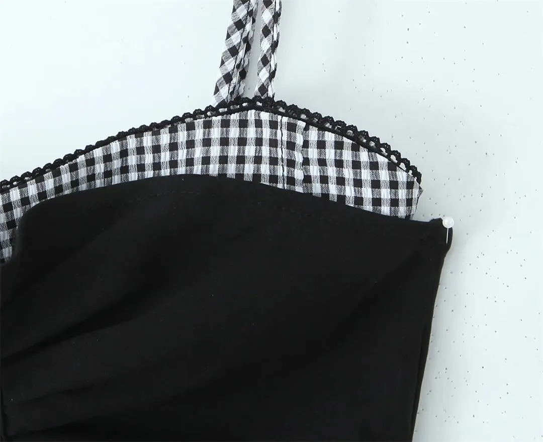 Women Plaid Spliced Fake 2 Pieces Slit Fit Tank Tops Holiday Patchwork Black Camisole Crop Top