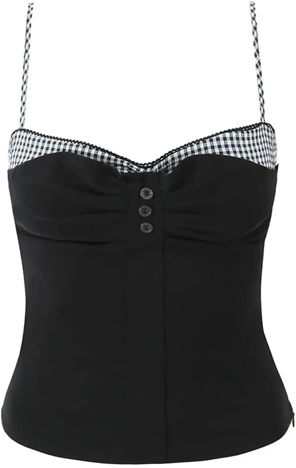 Women Plaid Spliced Fake 2 Pieces Slit Fit Tank Tops Holiday Patchwork Black Camisole Crop Top