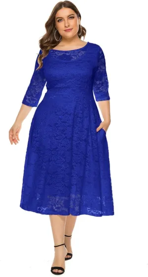 Women Plus Size Midi Lace Dress Round Neck Cocktail Formal Dress