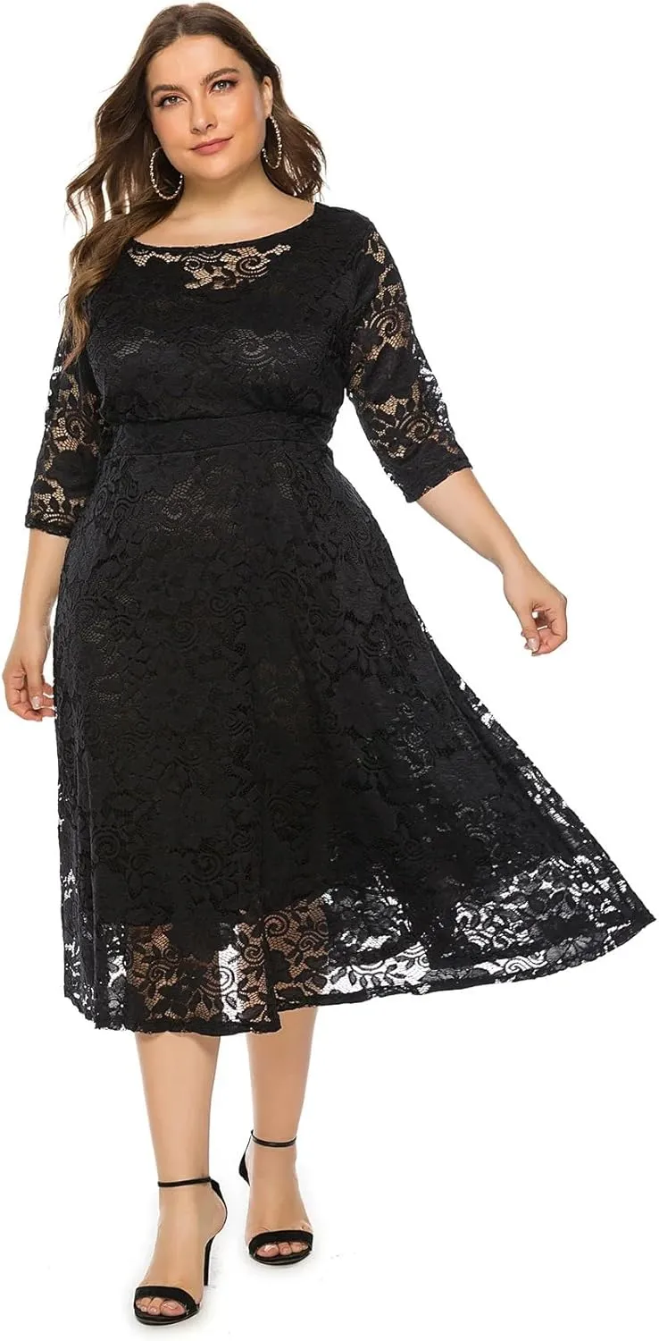 Women Plus Size Midi Lace Dress Round Neck Cocktail Formal Dress