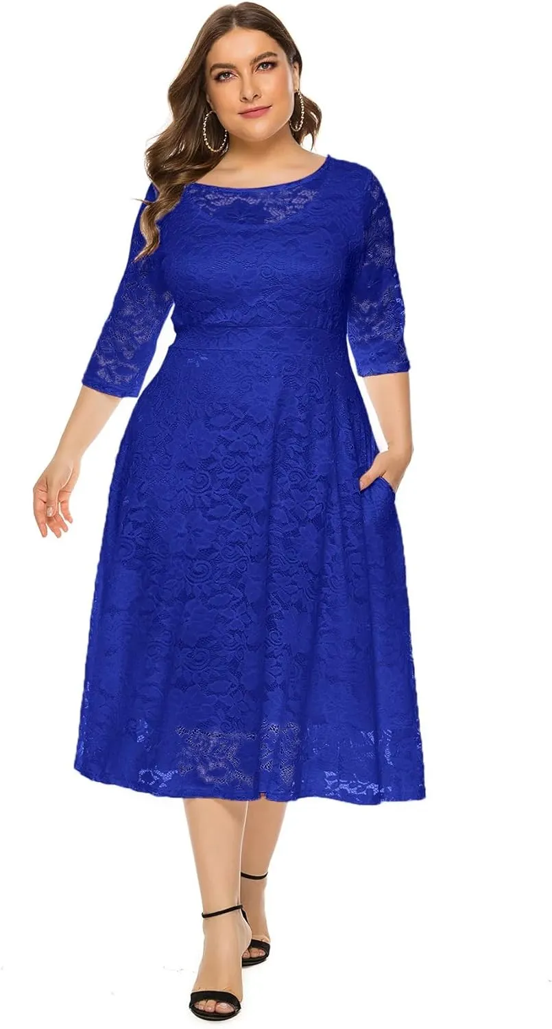 Women Plus Size Midi Lace Dress Round Neck Cocktail Formal Dress
