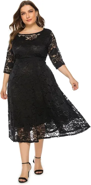 Women Plus Size Midi Lace Dress Round Neck Cocktail Formal Dress