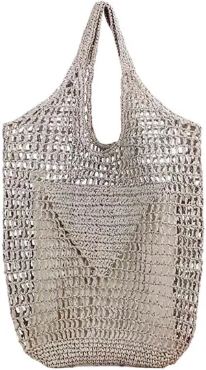 Women Straw Woven Tote Bag, Mesh Hollow Woven Beach Bag, Large Travel Shoulder Handbags Hobo Bag (Grey)
