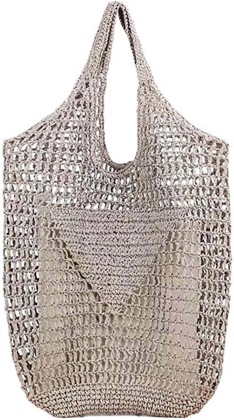 Women Straw Woven Tote Bag, Mesh Hollow Woven Beach Bag, Large Travel Shoulder Handbags Hobo Bag (Grey)