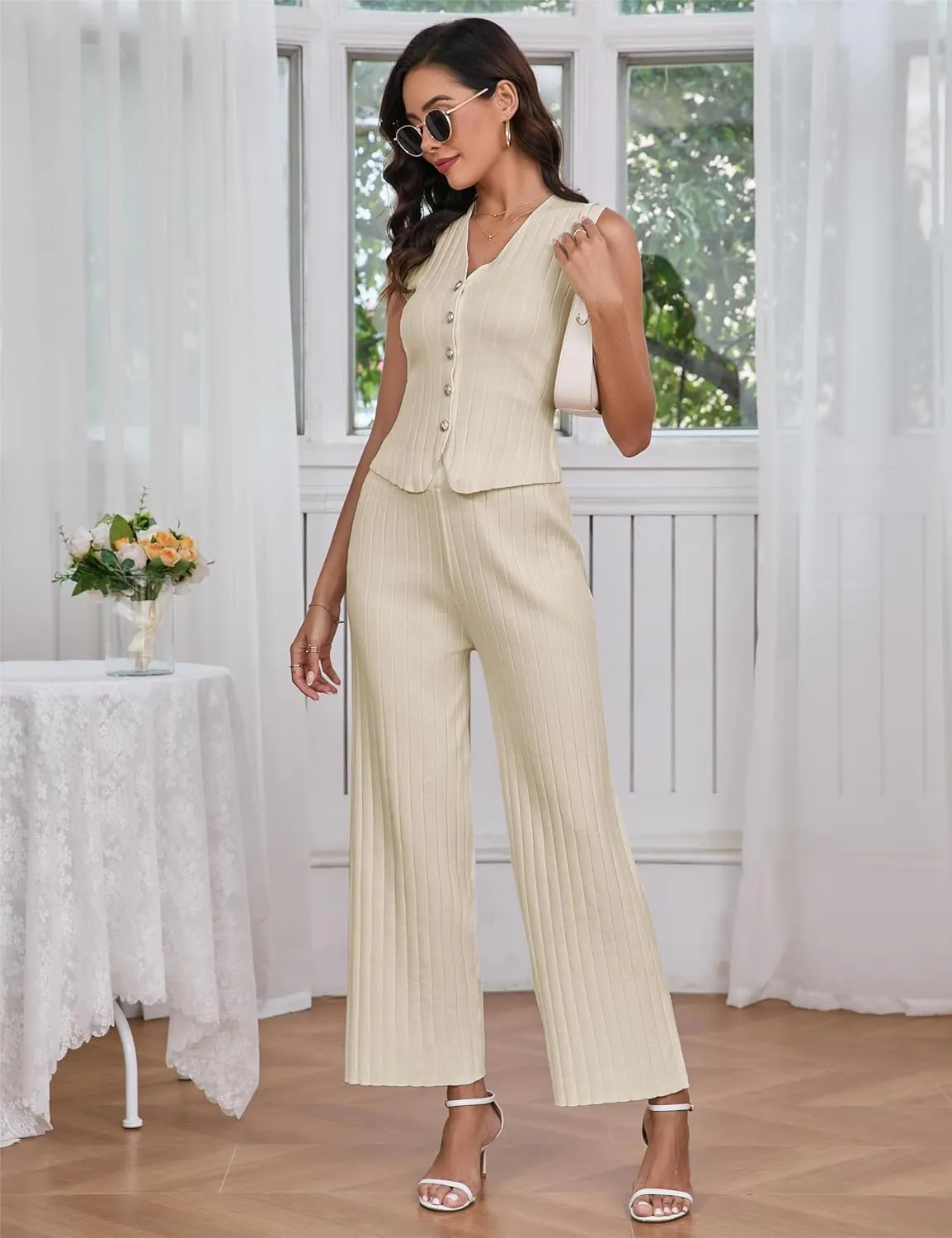 Women Suiting 2 Piece Outfits Knit Set Sleeveless Button Down Vest Wide Leg Pants Lounge Sets