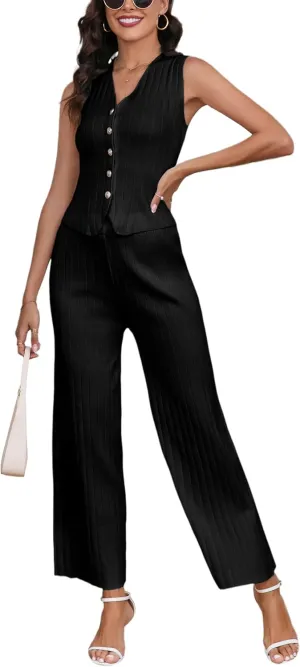 Women Suiting 2 Piece Outfits Knit Set Sleeveless Button Down Vest Wide Leg Pants Lounge Sets