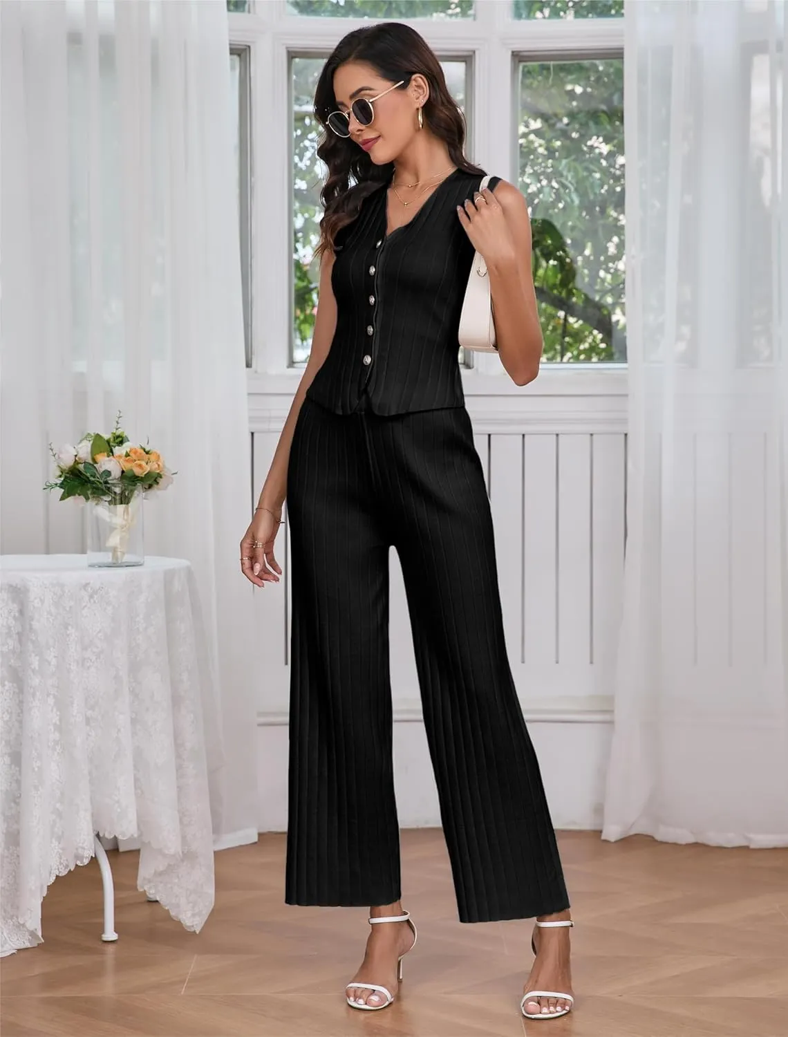 Women Suiting 2 Piece Outfits Knit Set Sleeveless Button Down Vest Wide Leg Pants Lounge Sets