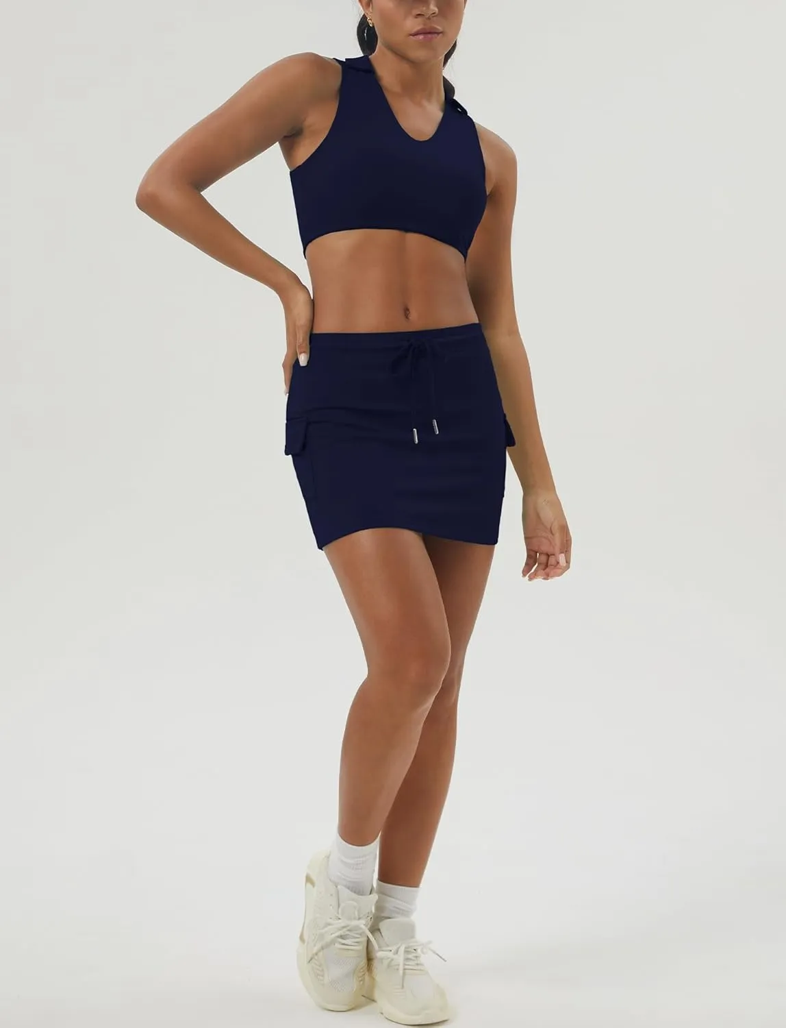 Women Tennis Skirt with Built-in Shorts Drawstring Elastic Waist Badminton Skirt Side Pockets Activewear Mini Skort