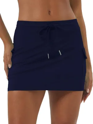Women Tennis Skirt with Built-in Shorts Drawstring Elastic Waist Badminton Skirt Side Pockets Activewear Mini Skort