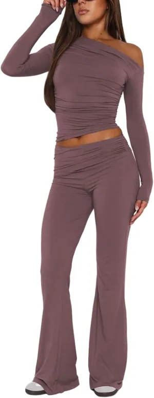 Womens 2 Piece Lounge Sets Long Sleeve Off Shoulder Crop Tops Fold Over Flare Pants Causal Y2k Outfits Tracksuits